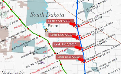 Map of Keystone I Pump Station leaks, May-Aug 2010