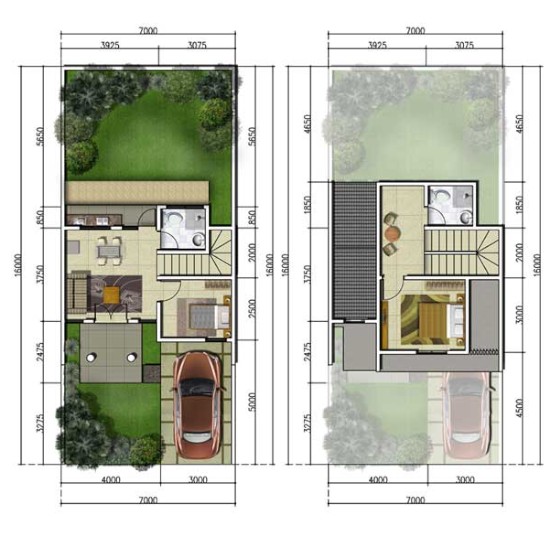 denah rumah minimalis ukuran 7x16 m, 2 kamar tidur