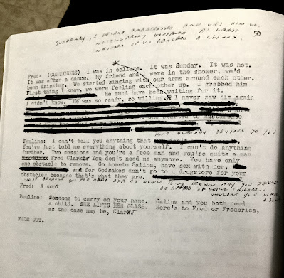 A page from the script to tricks of the trade where Fred confesses to Dr. Flood about an earlier homosexual experience and then she tells him she’s done  all she can for him. He’s a free man and he should go to his wife and start breeding.