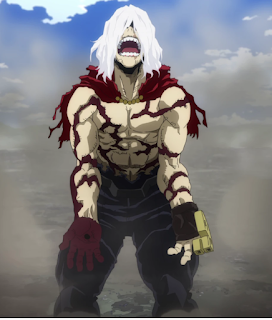 Tomura Shigaraki, dressed in tattered pants and a cape, with his mouth wide open in a scream. The thumb, pointer end middle finger of his left hand have all been amputated.