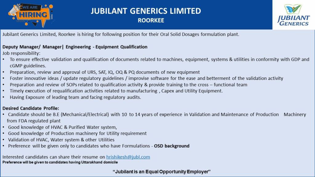 Job Availables,Jubilant Generics Limited Job Vacancy For BE(Mechanical/ Electrical)