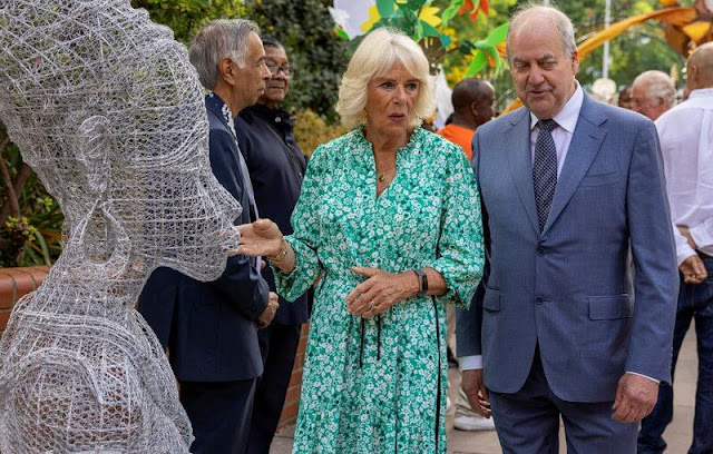 Camilla, Duchess of Cornwall wore a flower silhouette drawstring maxi dress by ME + EM