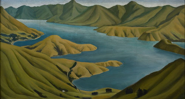 Painting of NZ landscape with sea surrounded by hills