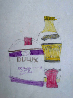 A 1971 drawing by a 7 year old of a paint can and bottle of white spirit