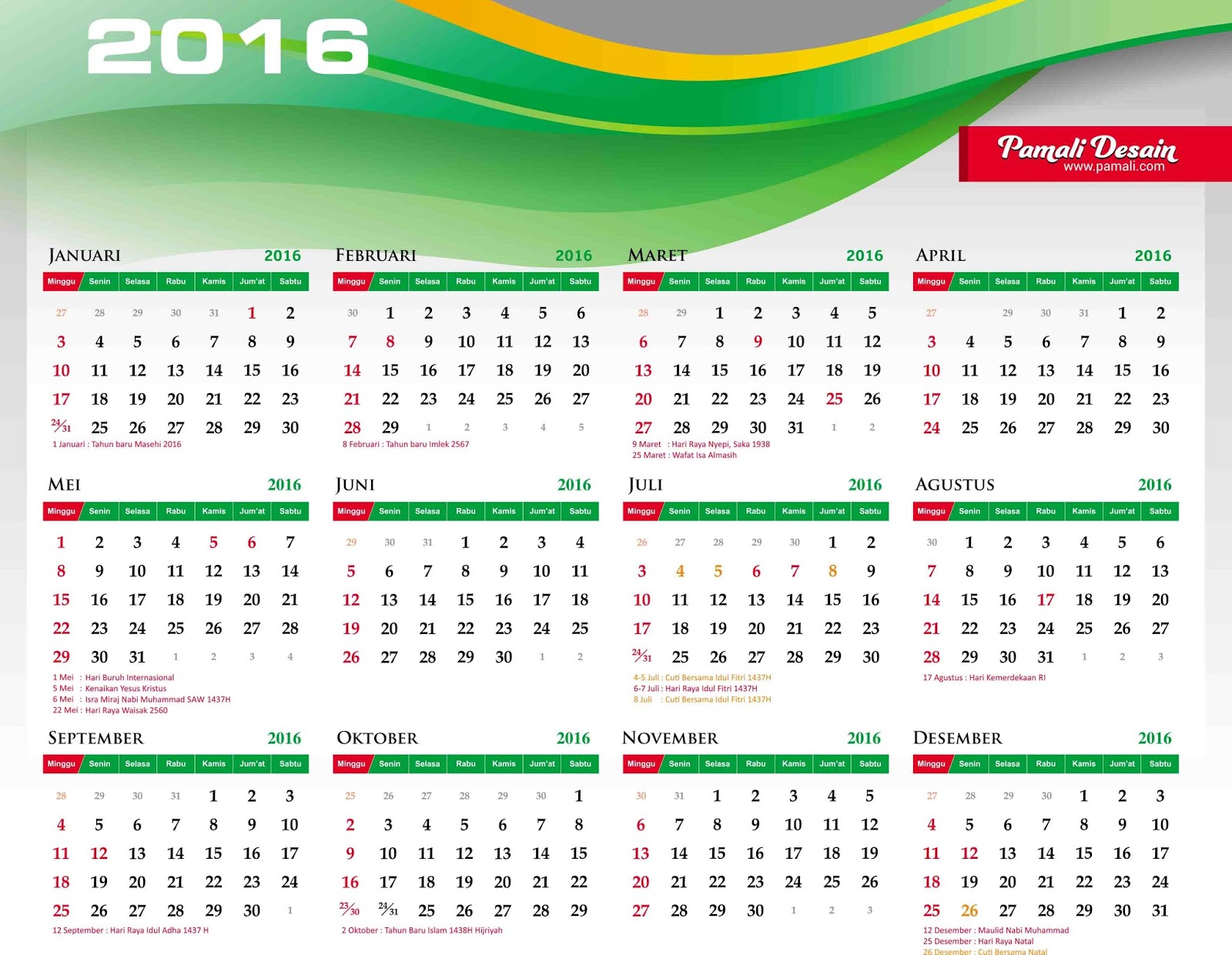 Kalender Tahun 2016 Beserta Jadwal Tanggal Hari Libur 