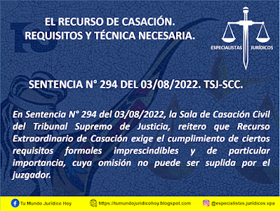 SENTENCIA N° 294 DEL 03/08/2022. TSJ-SCC. EL RECURSO DE CASACIÓN. REQUISITOS Y TÉCNICA NECESARIA.