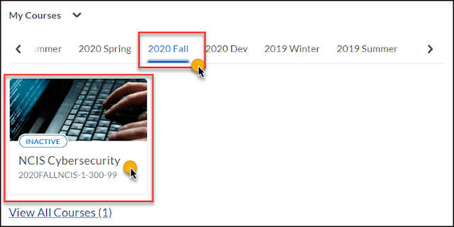 cursor over 2020Fall semester filter in My Courses widget and Fall courses displayed with inactive filter over the course image