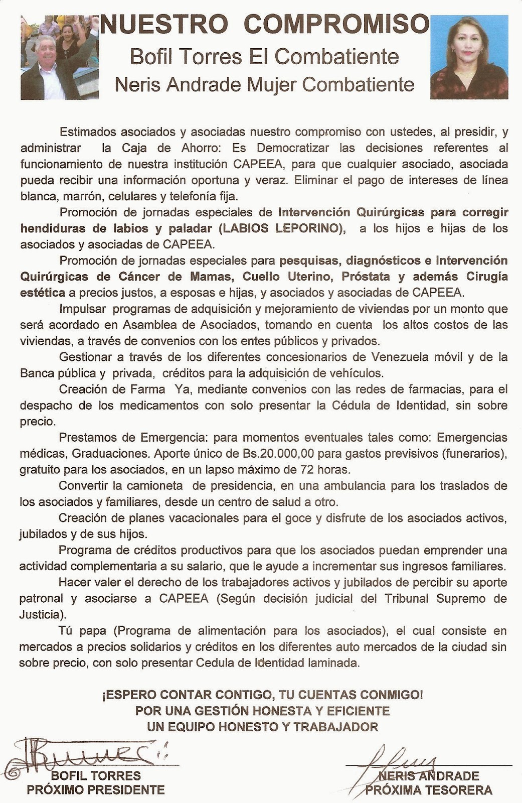 Presentamos parte de la propuesta de Bofil Torres y Neris Andrade para los afiliados a la caja de Ahorro del estado Apure.