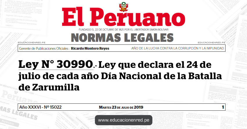 Ley N° 30990 - Ley que declara el 24 de julio de cada año Día Nacional de la Batalla de Zarumilla