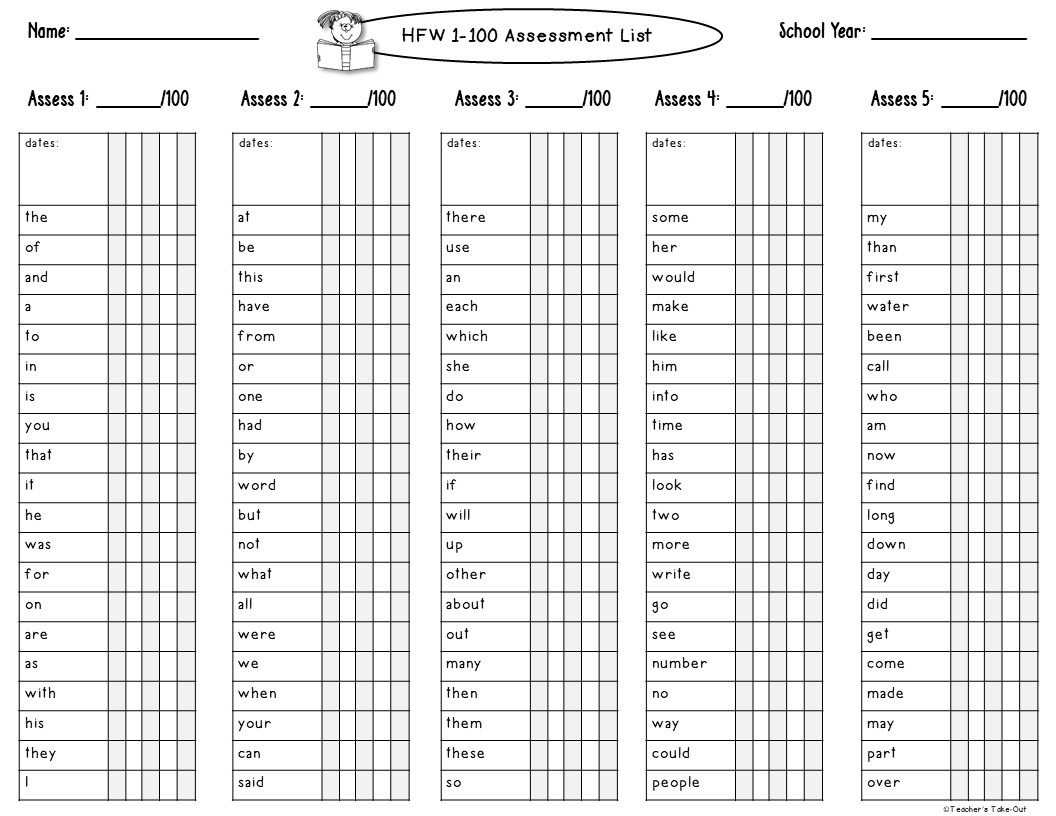 Hfw Word List And Assessment Freebie Teacher S Take Out