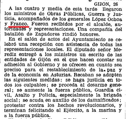 ¿Qué pensarían los de Potemos si se enteran que quien controló la rebelión de octubre de 1934 en Asturias en defensa de la República fue el general Franco?  La Vanguardia, 27 octubre de 1934