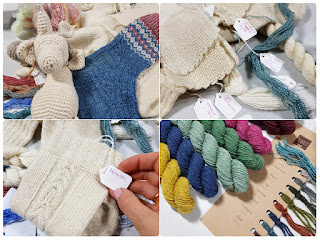 Samples of yarn and swatches made with different yarns and fibres combinations, including dog and human hair