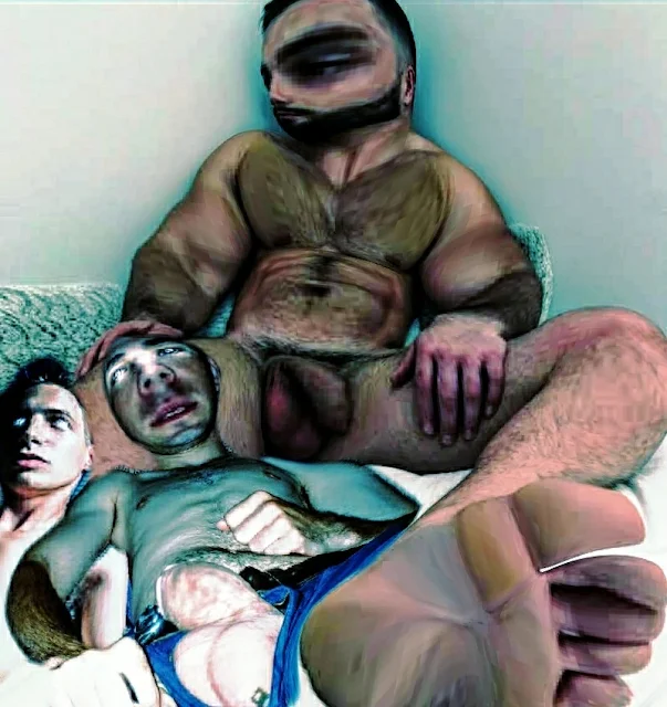 PPPimp created by Oregonleatherboy a digital art of muscular naked man with two mind controlled mindless guys with empty eyes at his feet being controlled by Master 1/5