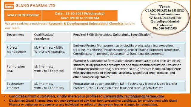 Gland Pharma Walk In Interview For Formulation R&D/ Technology Transfer/ Project Management