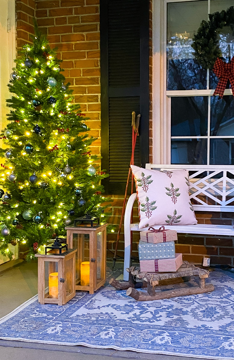 christmas porch decorations with porch trees, outdoor bench, christmas decorations