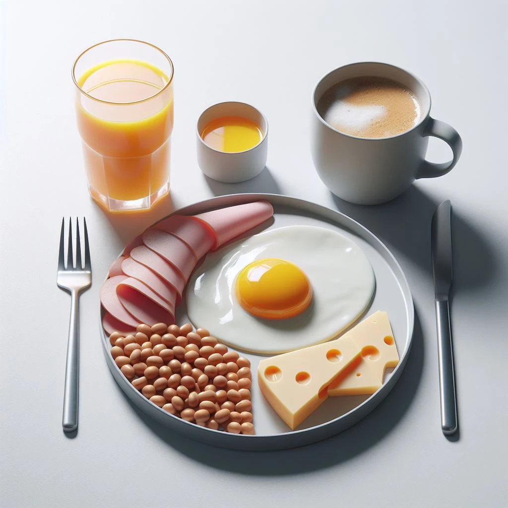 imagen creada con inteligencia artificial de un desayuno de huevo estrellado jamon queso frijoles jugo de naranja cafe