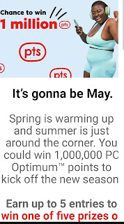 Large smiling person wearing fitness clothing dancing and listening to music text reads :Chance to win 1 million pts It's gonna be May. Spring is warming up and summer is just around the corner. You could win 1,000,000 PC Optimum"" points to kick off the new season Earn up to 5 entries to win one of five prizes