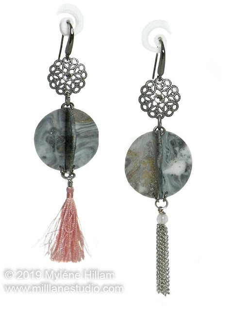 Marbled grey earrings with pink tassel and chain dangles