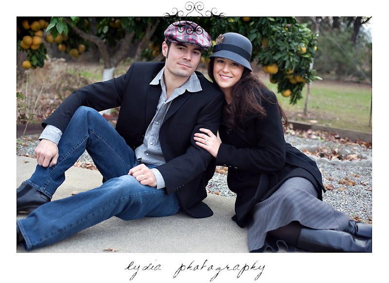 Alicia and Chris' engagement portraits with the orange tree in Cottonwood California