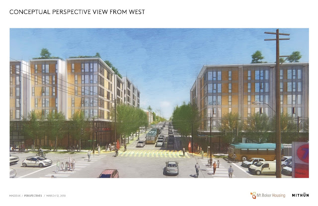 A drawing of planned buildings, five stories on either side of an intersection.