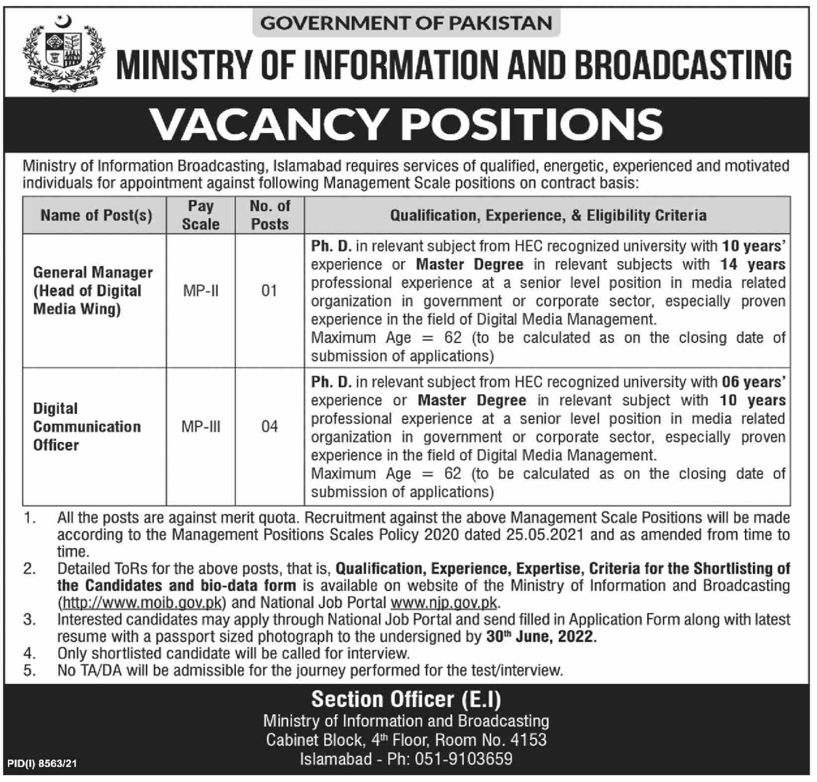Ministry of Information & Broadcasting Management Jobs 2022