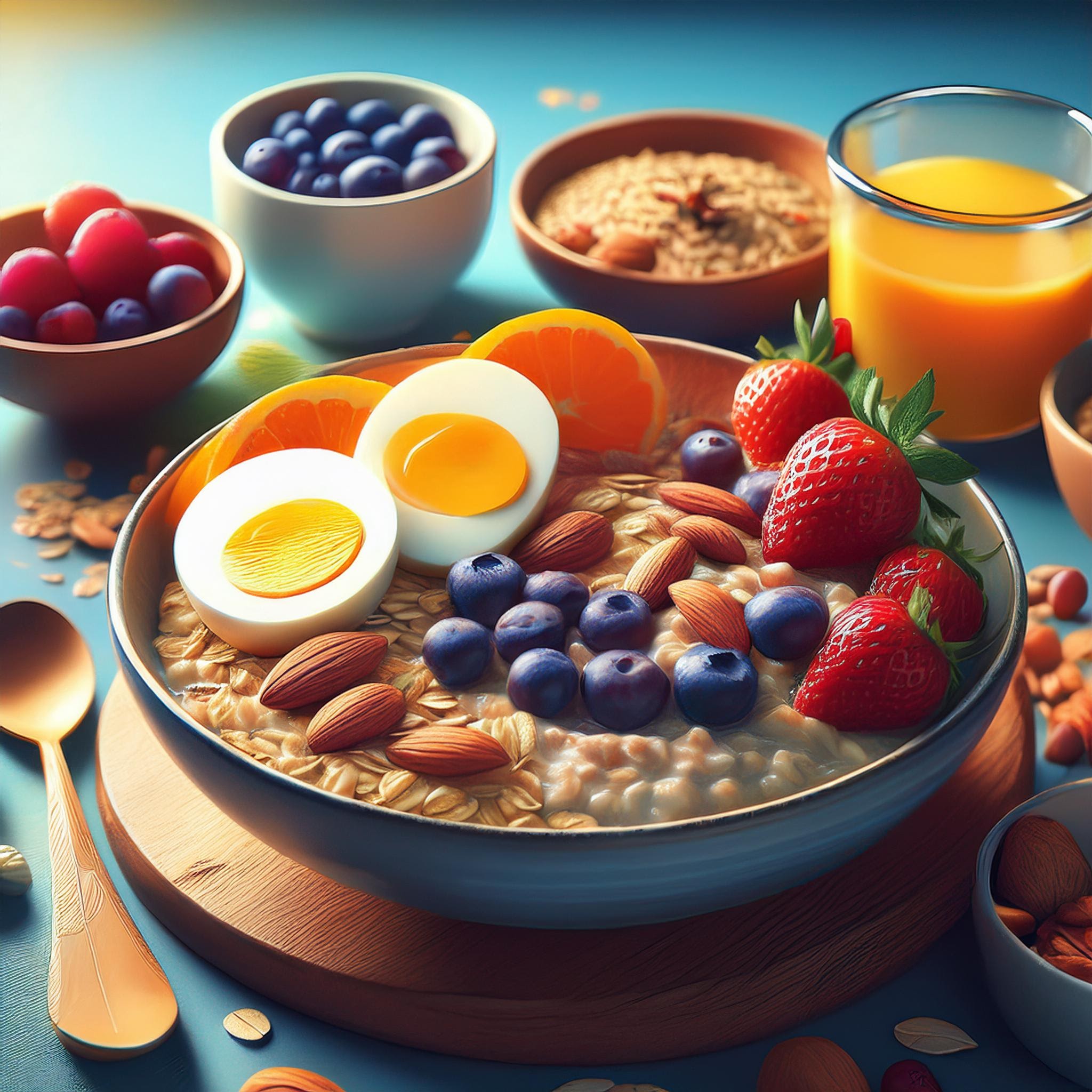 Healthy Breakfast Image: "A breakfast spread with oatmeal, fresh fruits, eggs, and nuts, showcasing nutritious options to fuel the morning."