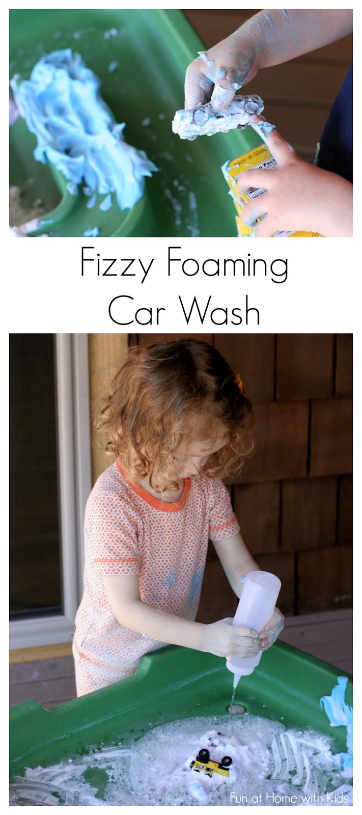 Three Step Fizzy Foaming Car Wash - a fun outdoor (or indoor) activity!  Includes a fun trick for masking that vinegar smelll.  From Fun at Home with Kids