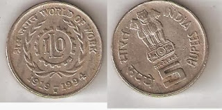 5rs coin(1919-1994  World of Work)