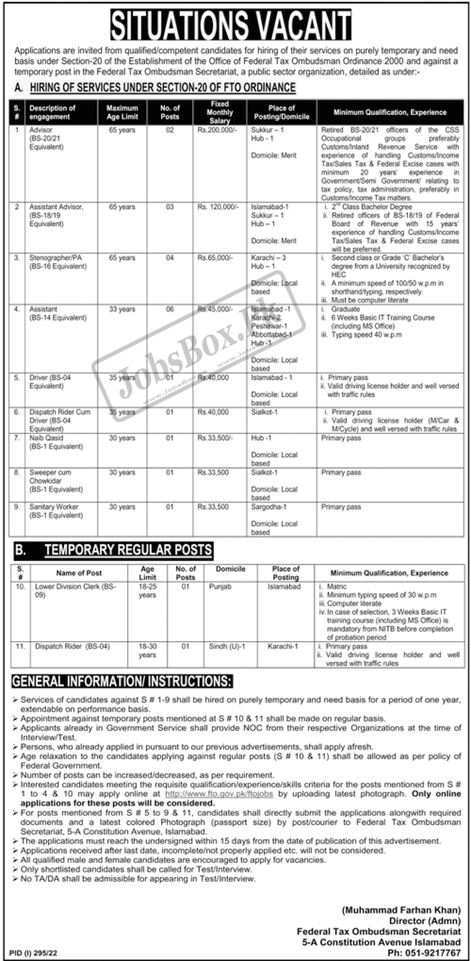 Federal Tax Ombudsman FTO Jobs 2022 - www.fto.gov.pk/ftojobs 2022