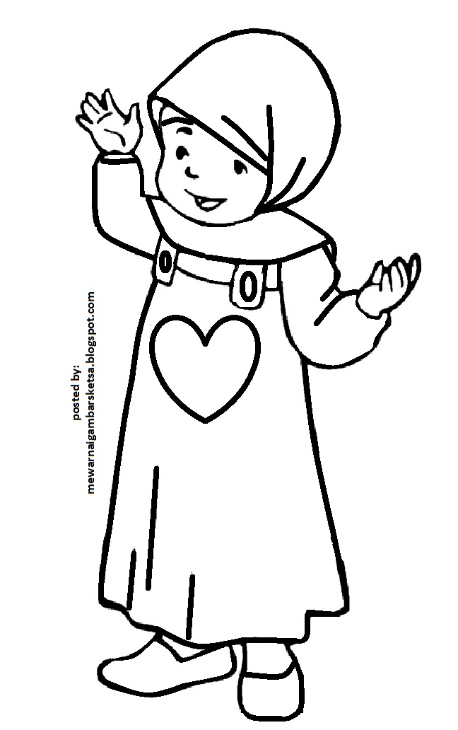 Gambar Mewarnai Gambar Sketsa  Kartun Anak Muslimah 14 