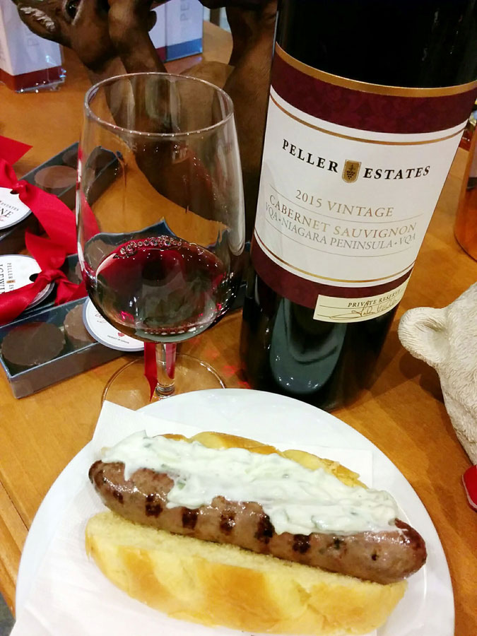 Peller Estates Private Reserve Cabernet Sauvignon 2015 (88 pts) with house-made lamb and balsamic mint sausage