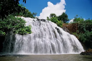 Cascada caudalosa cayendo sobre la laguna rodeada de vegetación