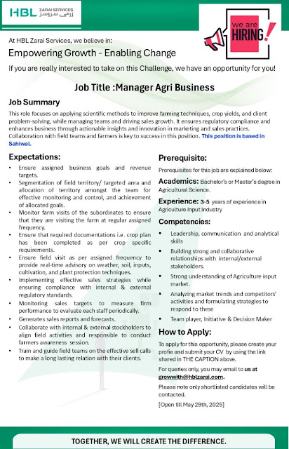 HBL Zarai Services Limited Latest Jobs in Sahiwal Manager Agri Business 2025
