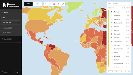 global map showing countries colored based on their press freedom rankings