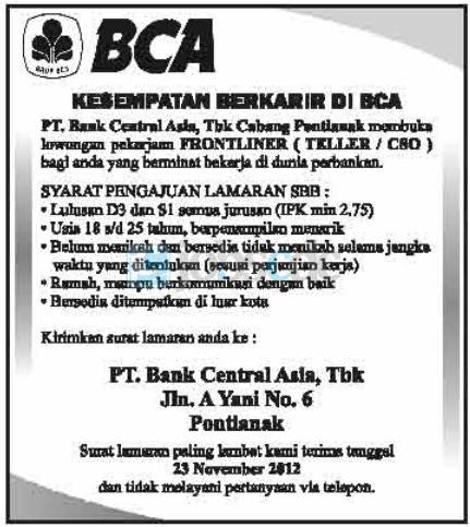 Lowongan Kerja PT Bank Central Asia Tbk - Frontliner BCA 