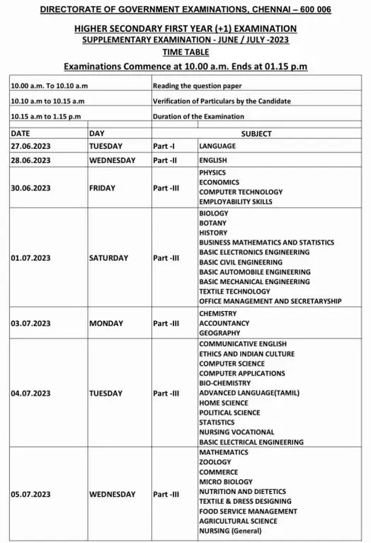 11th Supplementary Exam Time Table 2023