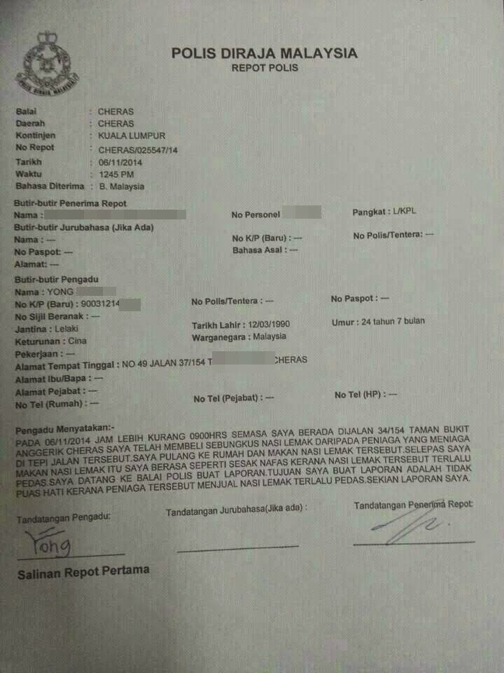 Buat report Polis gara-gara nasi lemak yang di beli podeh ...