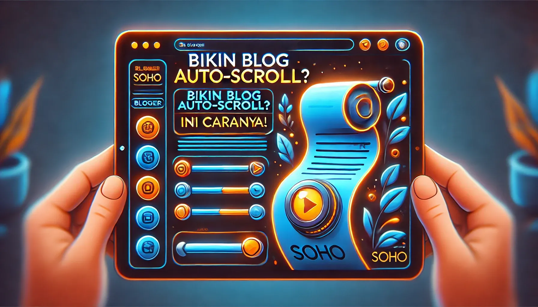 Gambar thumbnail blog dengan teks "Bikin Blog Auto-Scroll? Ini Caranya!", menampilkan ikon scroll otomatis dan slider kecepatan dengan desain modern dan eye-catching.