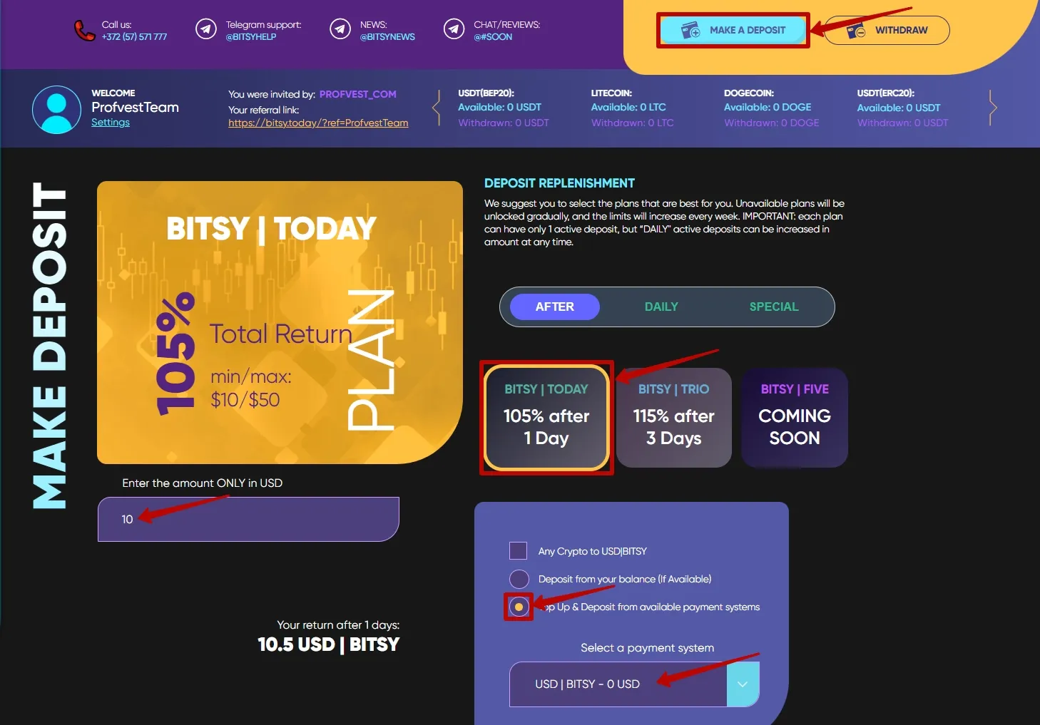 Пополнение баланса в Bitsy Today