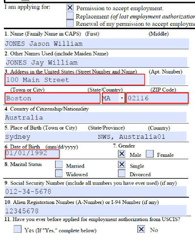 I765 filing address