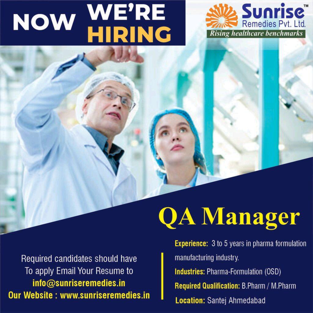 Job Available's for Sunrise Remedies Pvt Ltd Job Vacancy for QA Manager