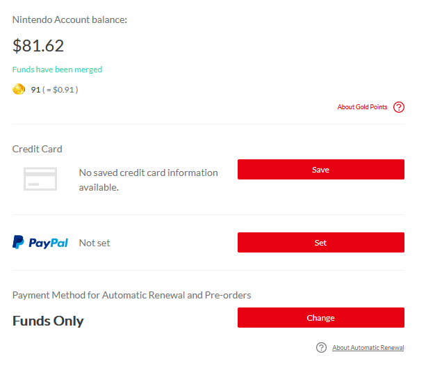 Nintendo Account balance payment methods for automatic renewal credit card PayPal