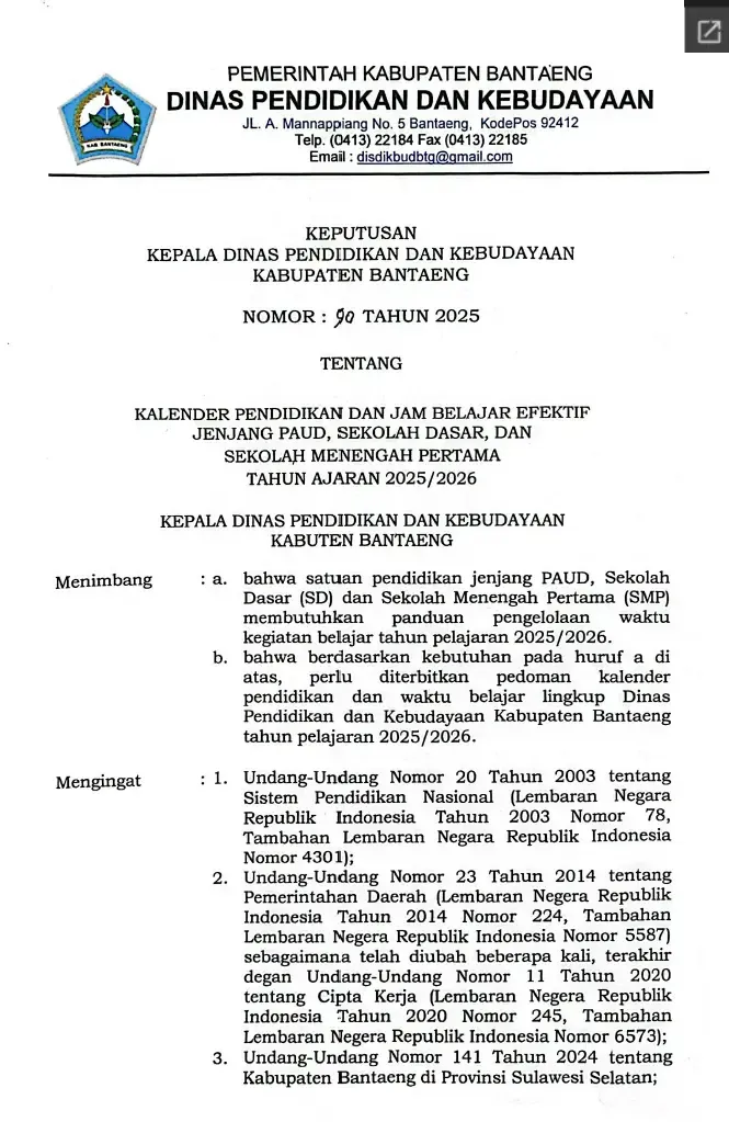 Kaldik Kabupaten Bantaeng Tahun Ajaran (Pelajaran) 2025/2026