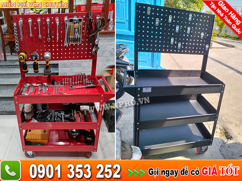 tủ đồ nghề 3 ngăn kèm bảng giá treo - Xe đẩy 3 ngăn giá treo