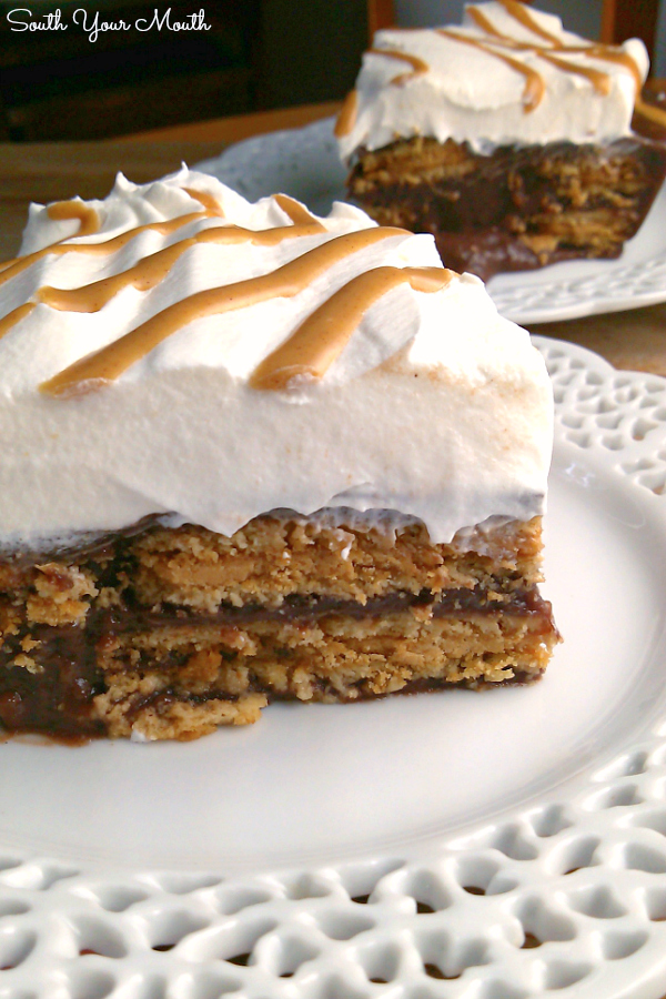 Chocolate Nutter Butter Icebox Cake! A layered dessert recipe with chocolate pudding, peanut butter cookies, whipped cream and peanut butter drizzle like a chocolate peanut butter lasagna!