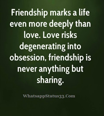 "Friendship marks a life even more deeply than love. Love risks degenerating into obsession, friendship is never anything but sharing.