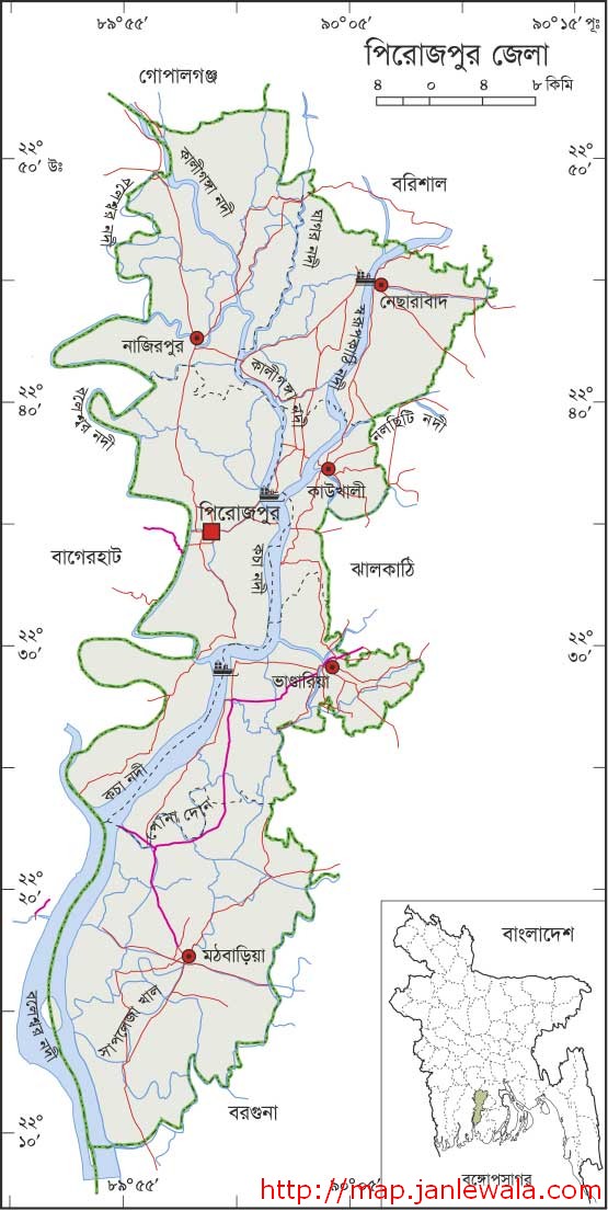 পিরোজপুর জেলা মানচিত্র, বরিশাল বিভাগ, বাংলাদেশ