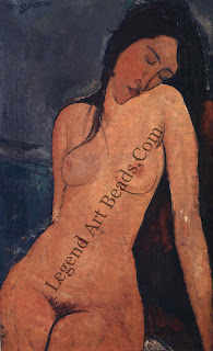 Seated Nude (1916) this is one of the artist's earliest nudes. Her torso is drawn naturalistically — only her face is painted in Modigliani's mannered style. Warm red or brown tones usually surround his nudes, but here the predominant color is a cool blue. 