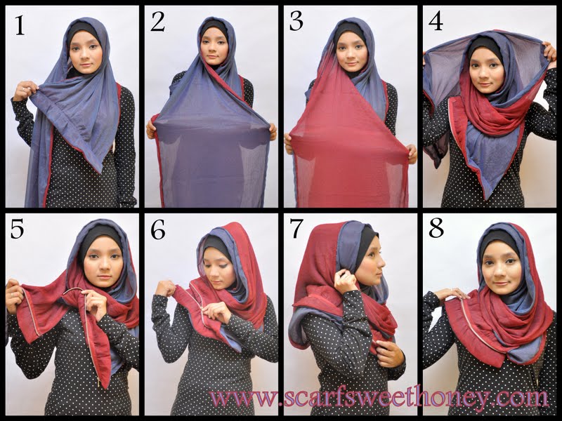 Jilbab 2 warna merah biru