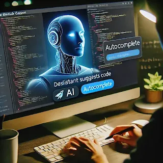 A programmer working in an IDE with GitHub Copilot, while real-time AI-generated code suggestions appear on the screen